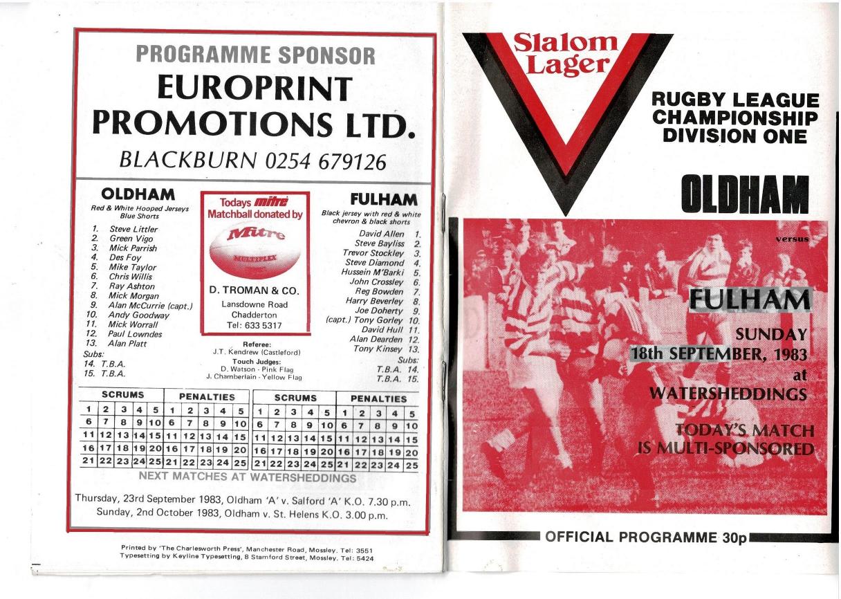 Programme cover: Oldham v Fulham, 18 September 1983
