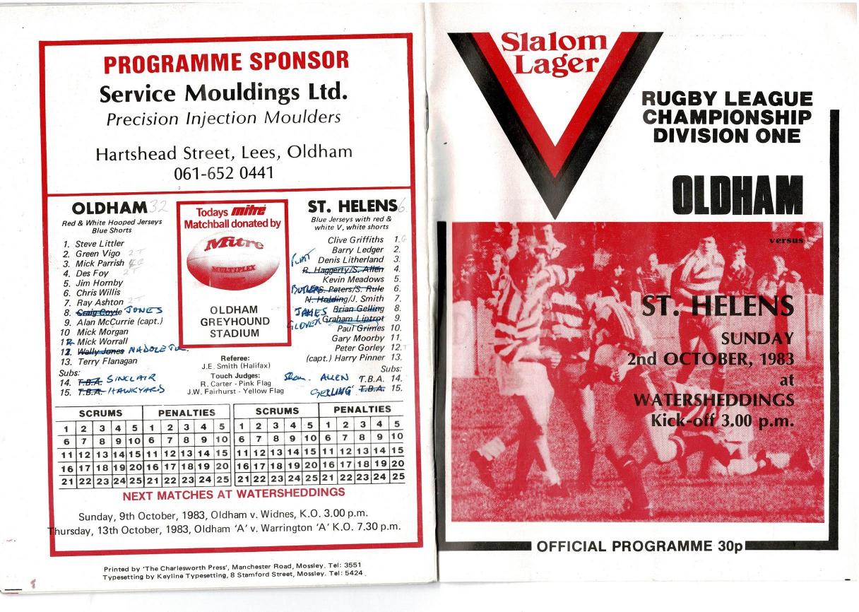 Programme cover: Oldham v St Helens, 2 October 1983