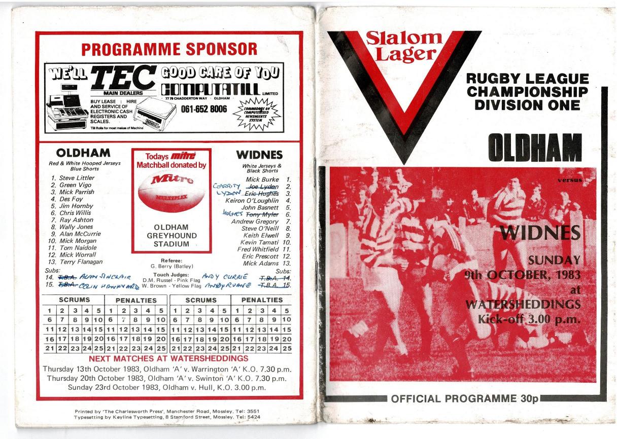 Programme cover: Oldham v Widnes, 9 October 1983