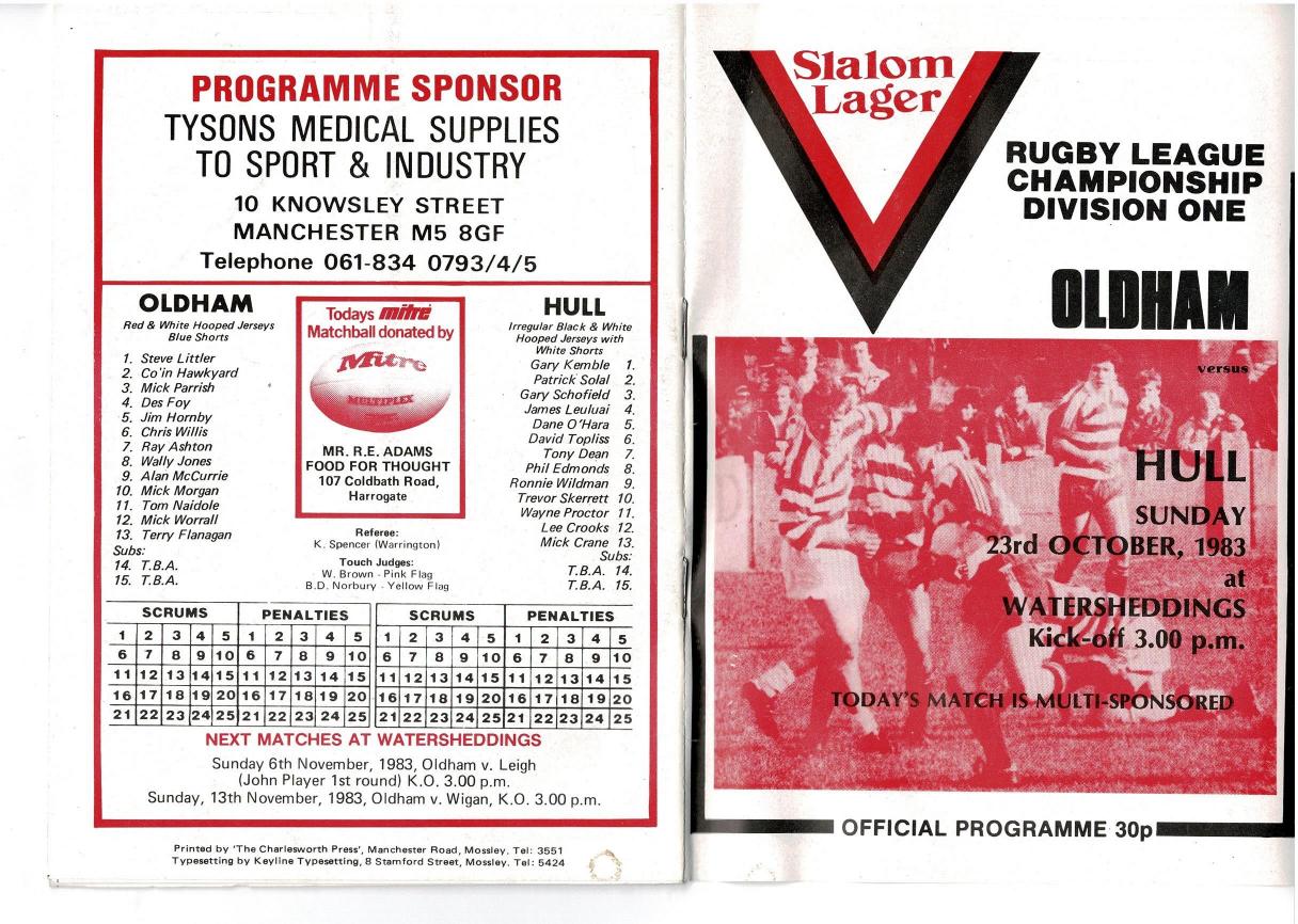 Programme cover: Oldham v Hull FC, 23 October 1983