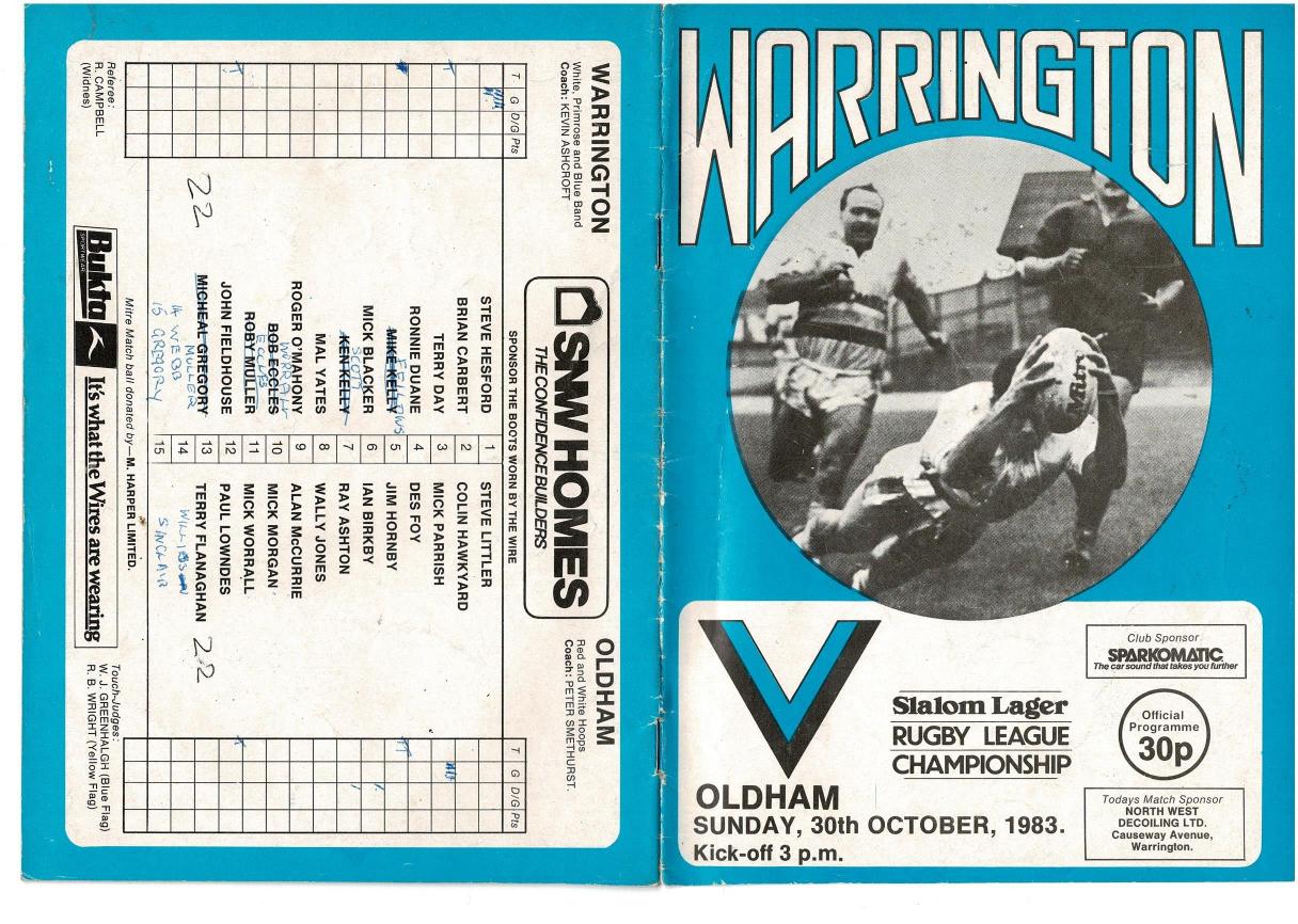 Programme cover: Oldham v Warrington, 30 October 1983