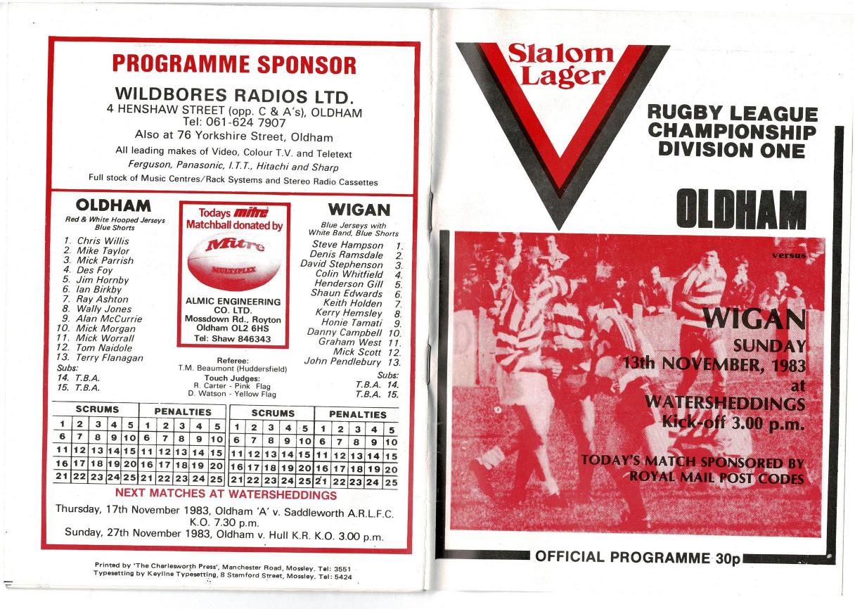 Programme cover: Oldham v Wigan, 13 November 1983