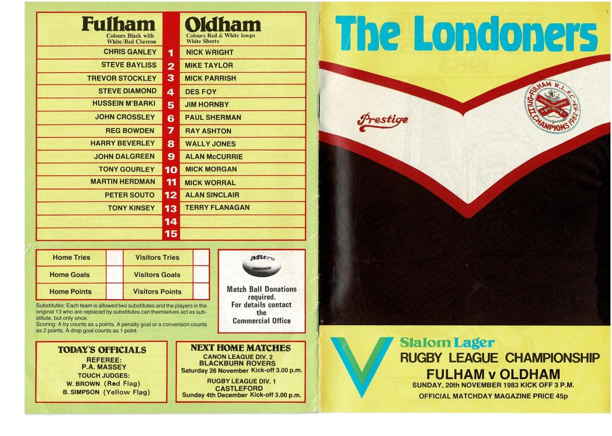 Programme cover: Oldham v Fulham, 20 November 1983