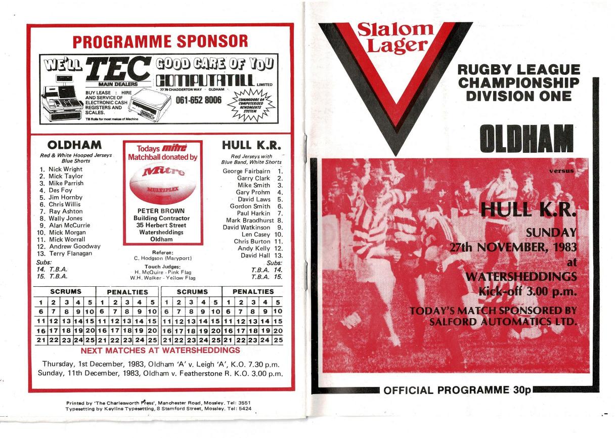 Programme cover: Oldham v Hull Kingston Rovers, 27 November 1983