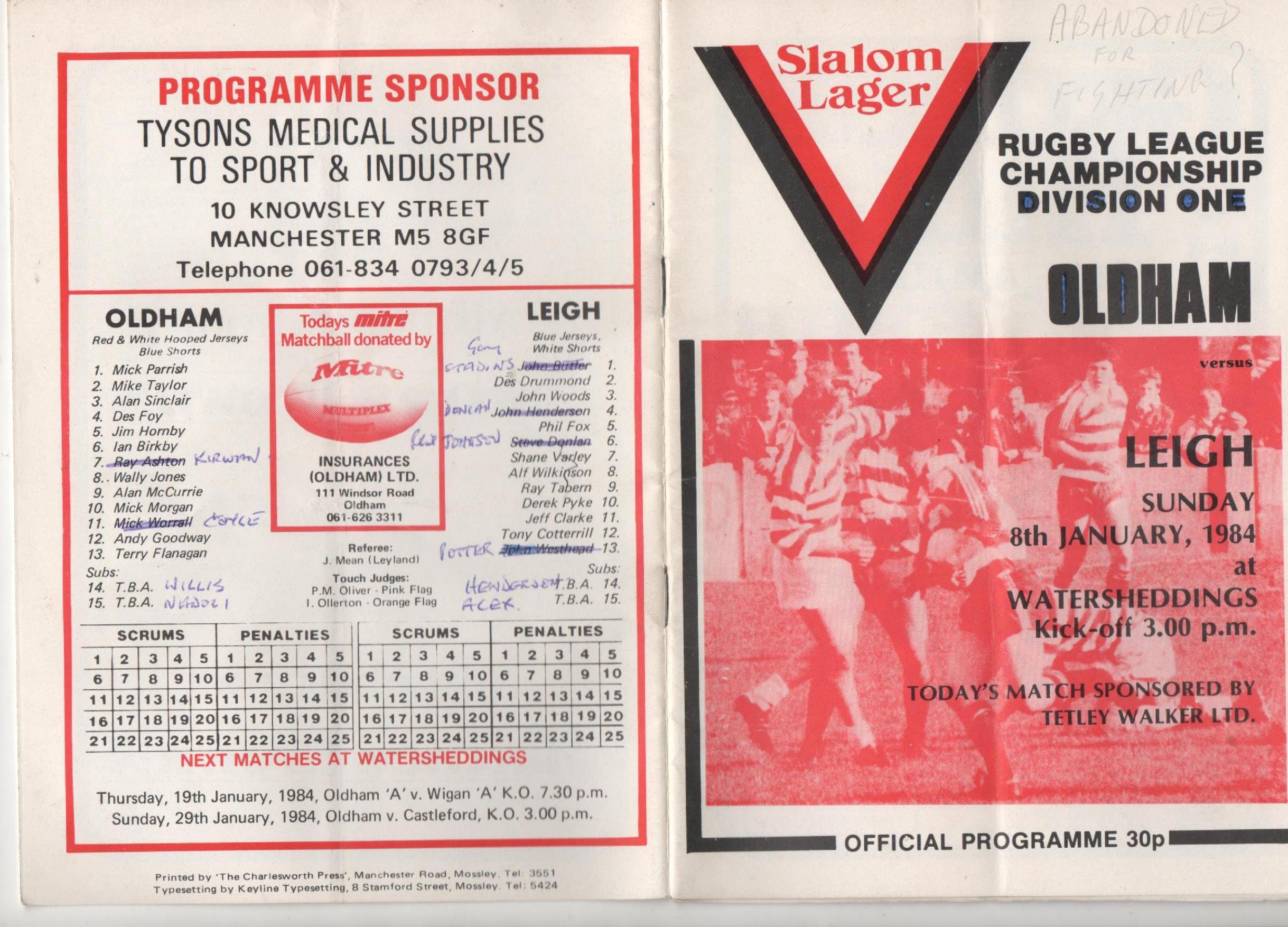 Programme cover: Oldham v Leigh, 8 January 1984