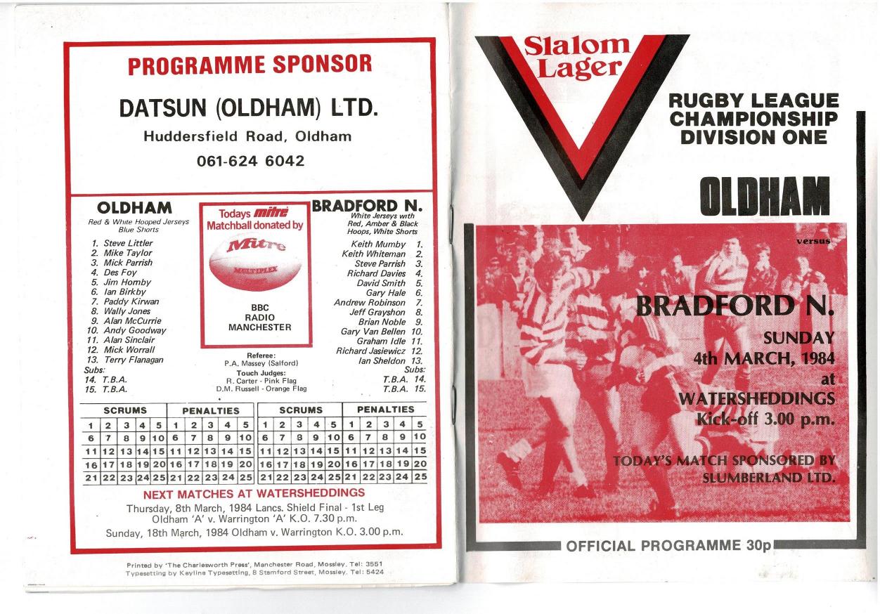 Programme cover: Oldham v Bradford Northern, 4 March 1984