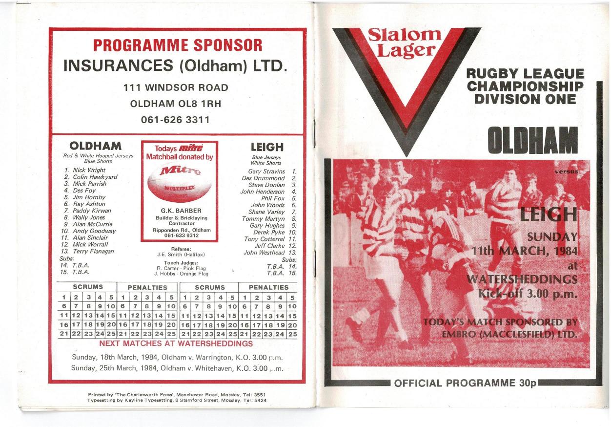 Programme cover: Oldham v Leigh, 11 March 1984