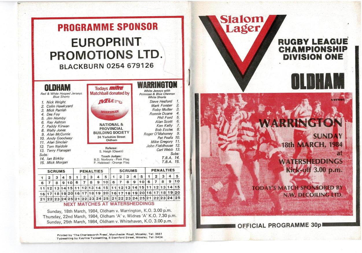 Programme cover: Oldham v Warrington, 18 March 1984