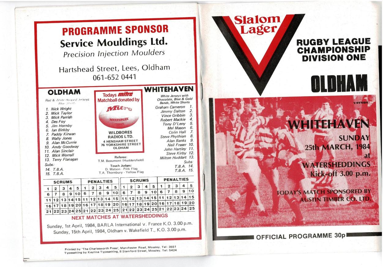 Programme cover: Oldham v Whitehaven, 25 March 1984
