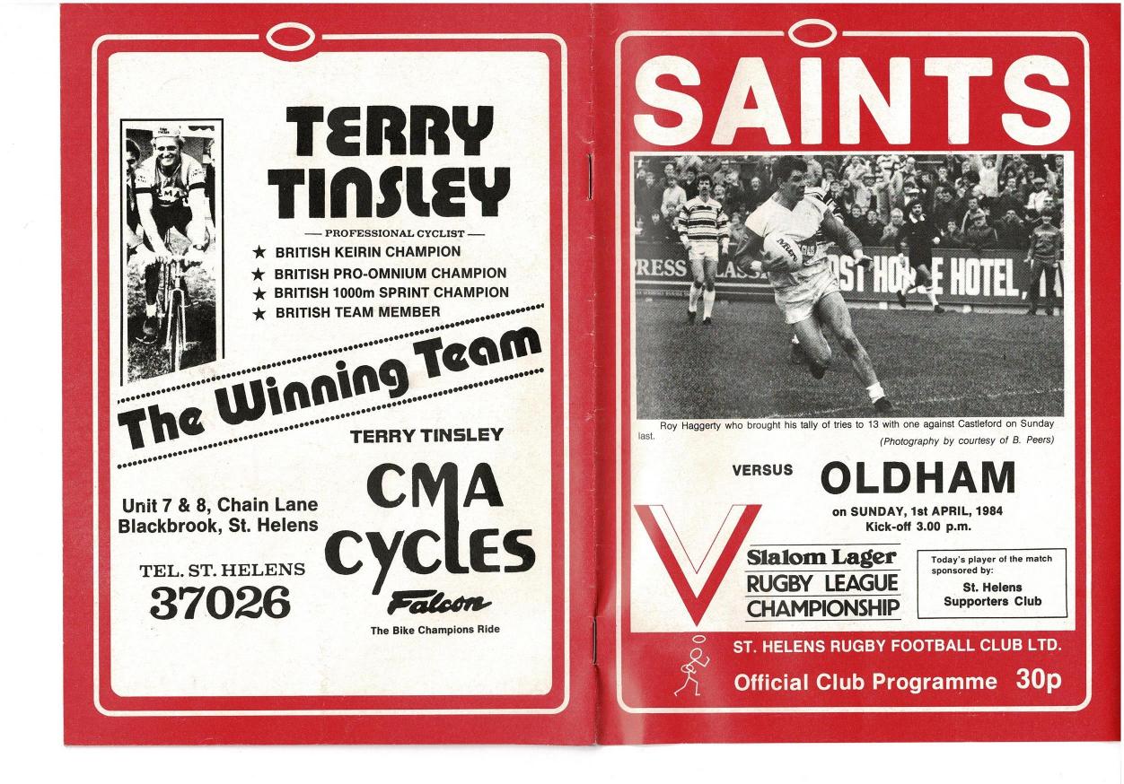 Programme cover: Oldham v St Helens, 1 April 1984