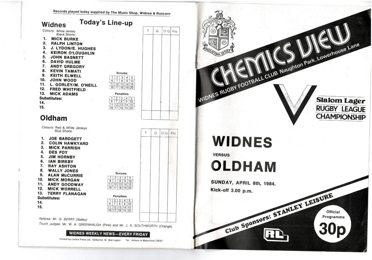 Programme cover: Oldham v Widnes, 8 April 1984