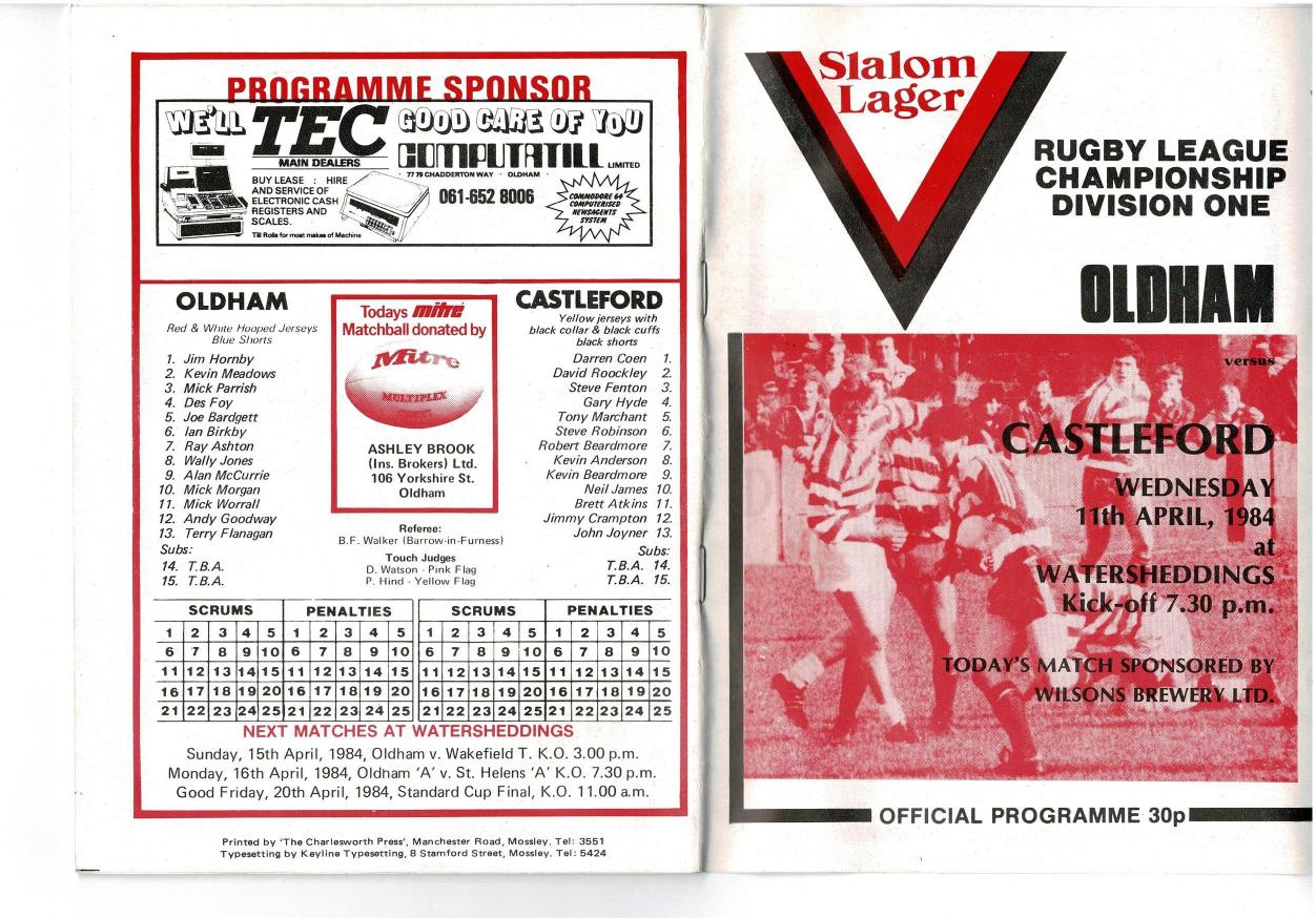 Programme cover: Oldham v Castleford, 11 April 1984