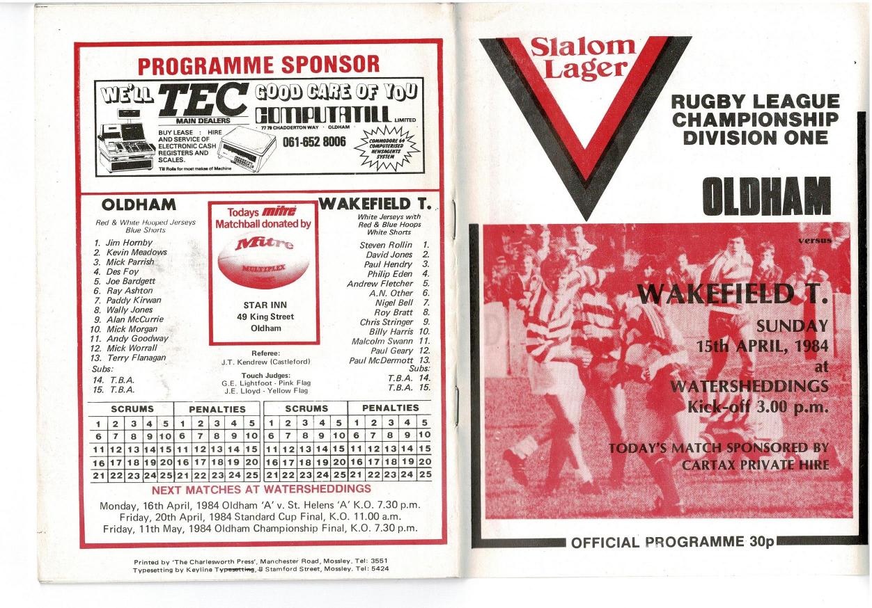 Programme cover: Oldham v Wakefield Trinity, 15 April 1984