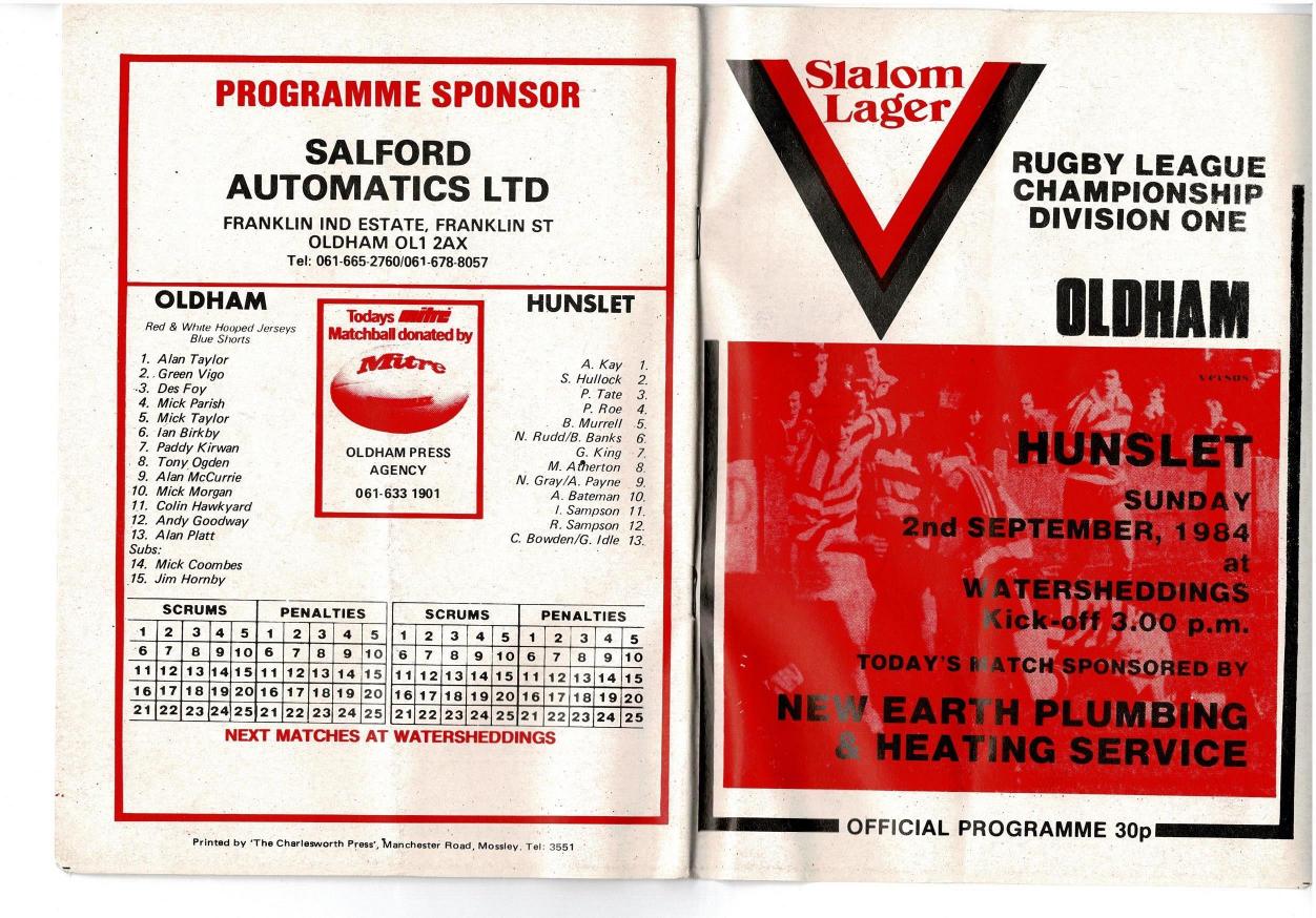 Programme cover: Oldham v Hunslet, 2 September 1984