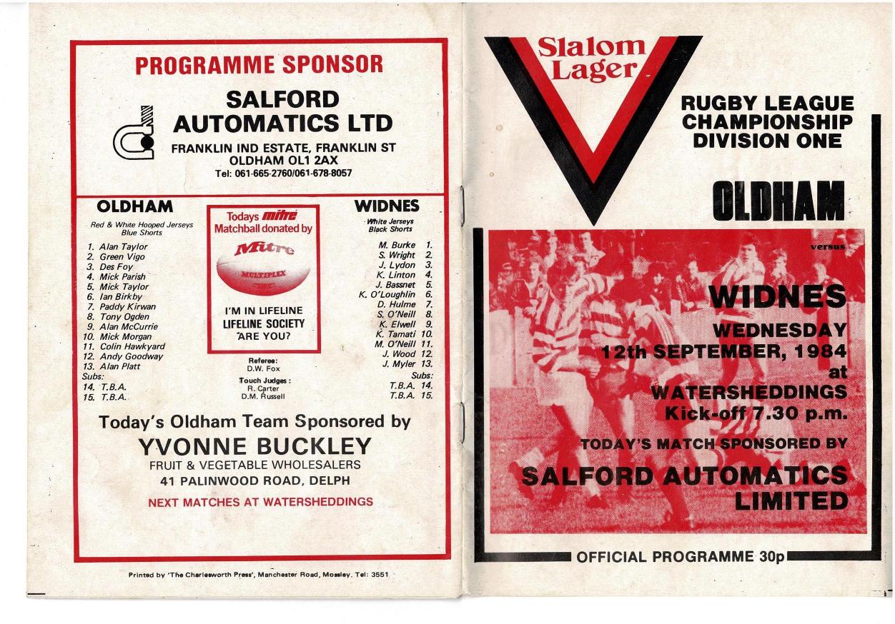 Programme cover: Oldham v Widnes, 12 September 1984