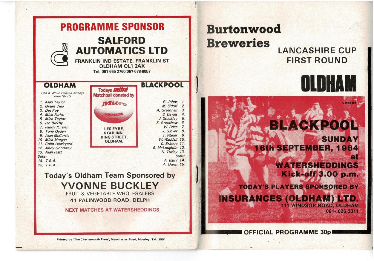 Programme cover: Oldham v Blackpool Borough, 16 September 1984