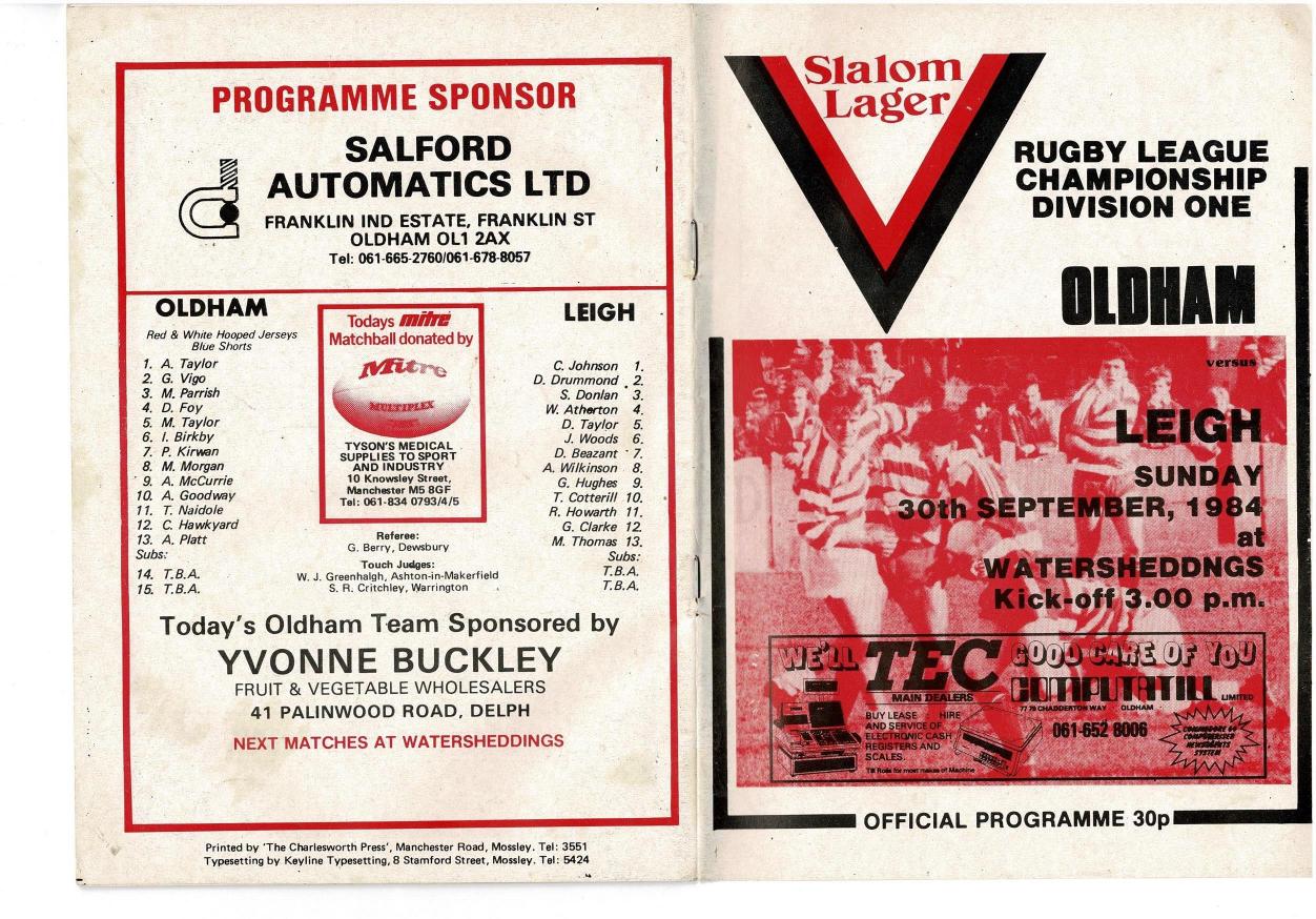 Programme cover: Oldham v Leigh, 30 September 1984