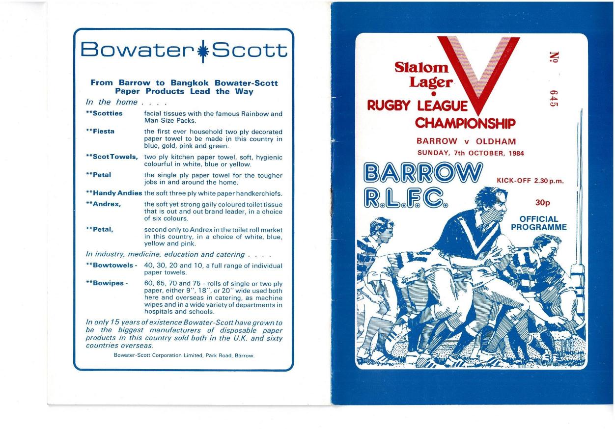 Programme cover: Oldham v Barrow, 7 October 1984