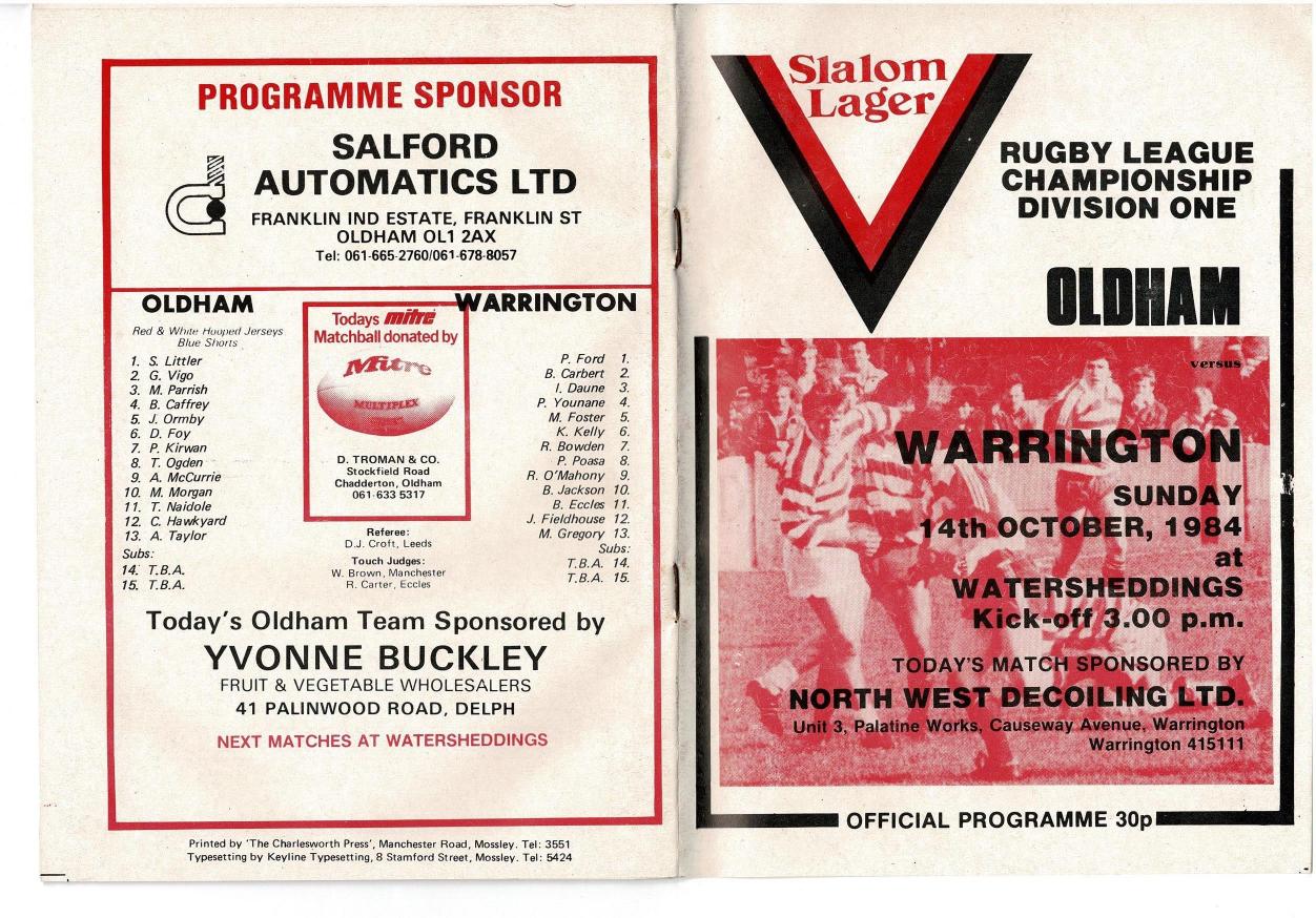 Programme cover: Oldham v Warrington, 14 October 1984