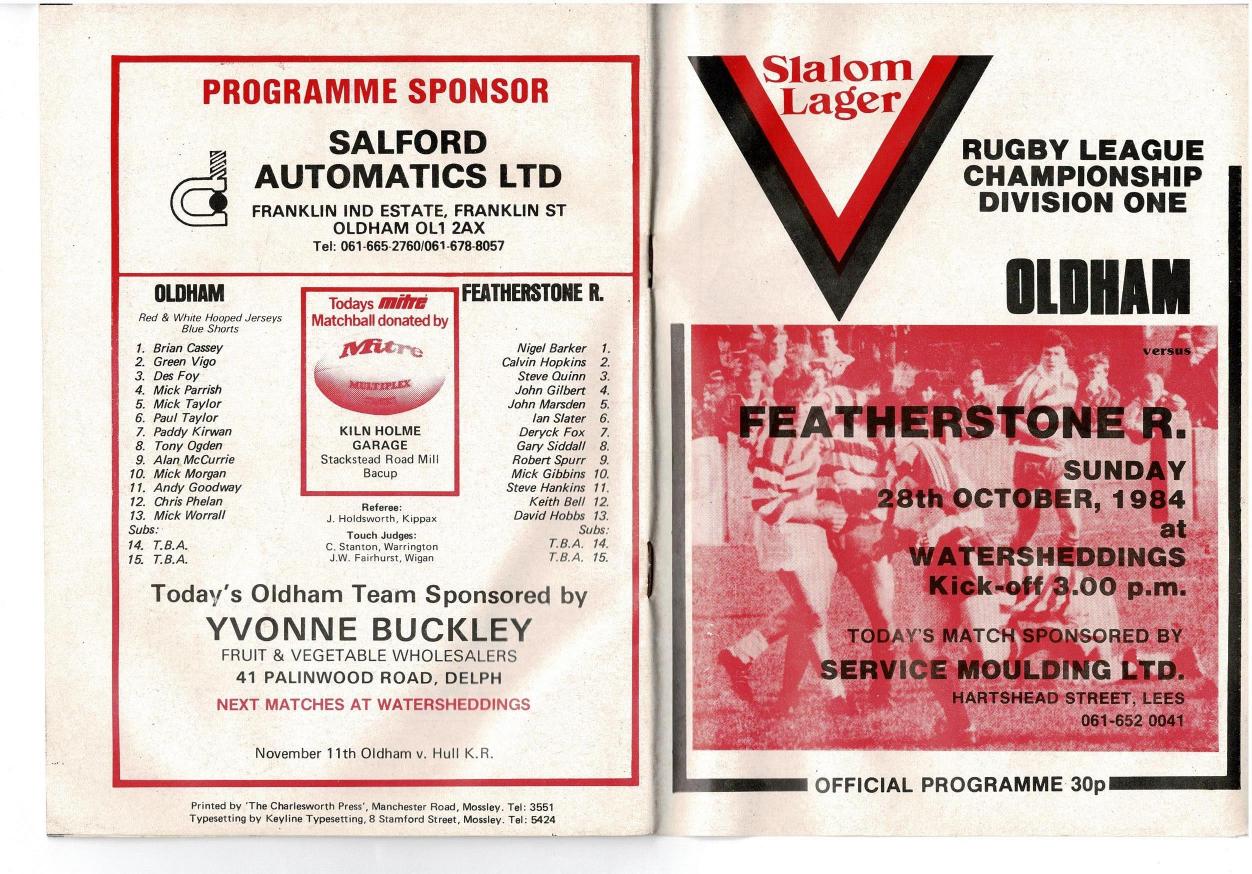 Programme cover: Oldham v Featherstone Rovers, 28 October 1984