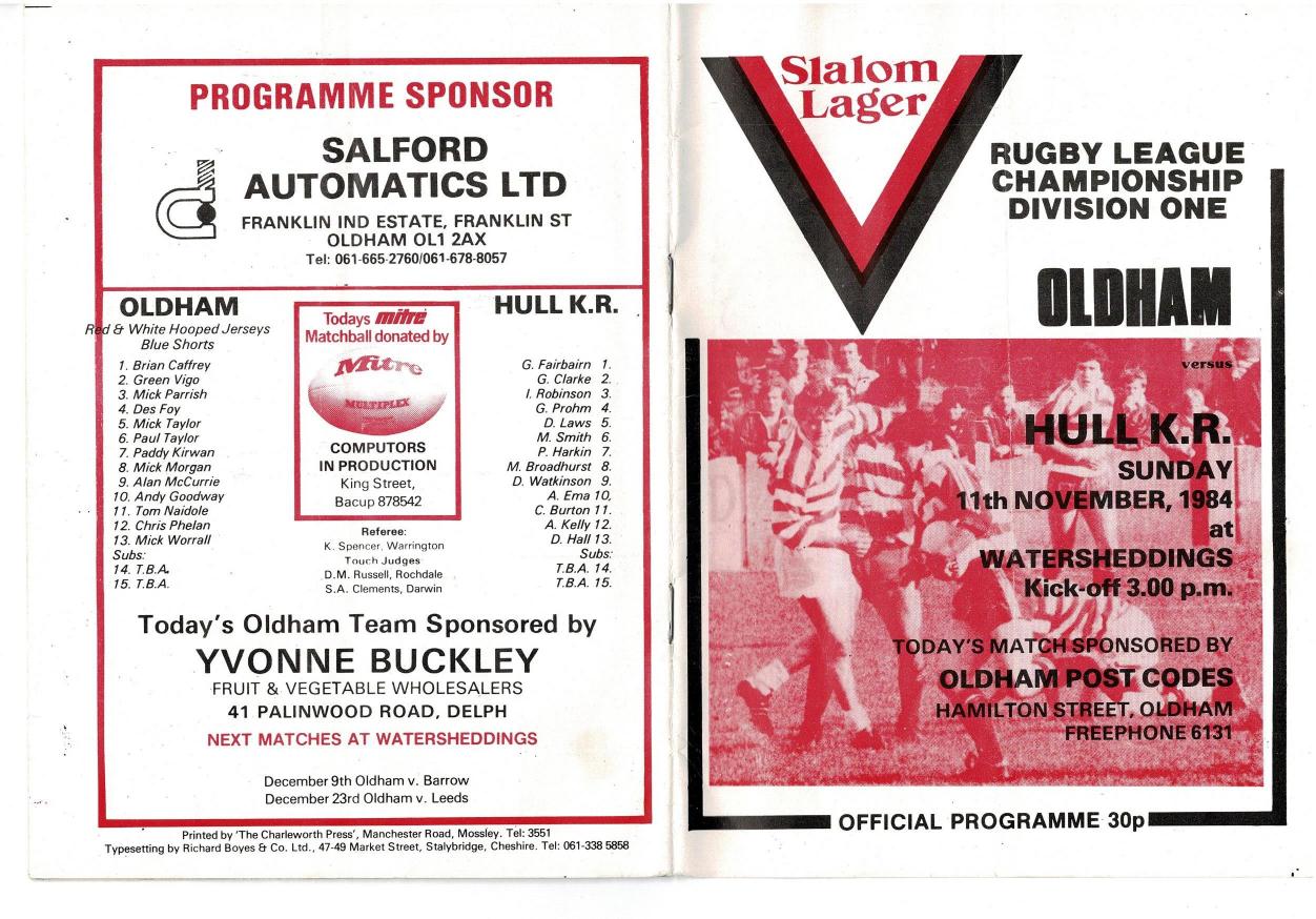 Programme cover: Oldham v Hull Kingston Rovers, 11 November 1984