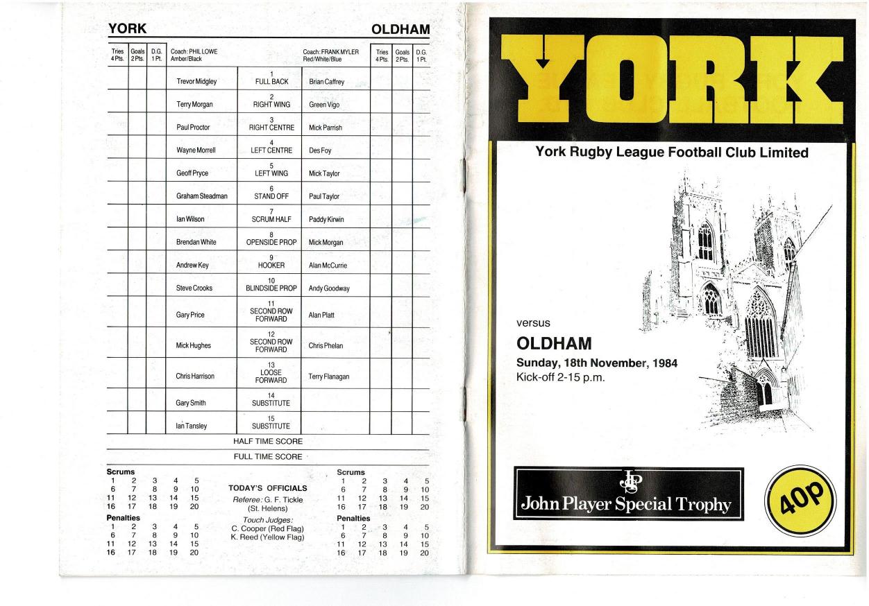 Programme cover: Oldham v York, 18 November 1984