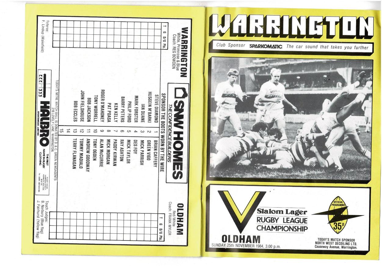 Programme cover: Oldham v Warrington, 25 November 1984