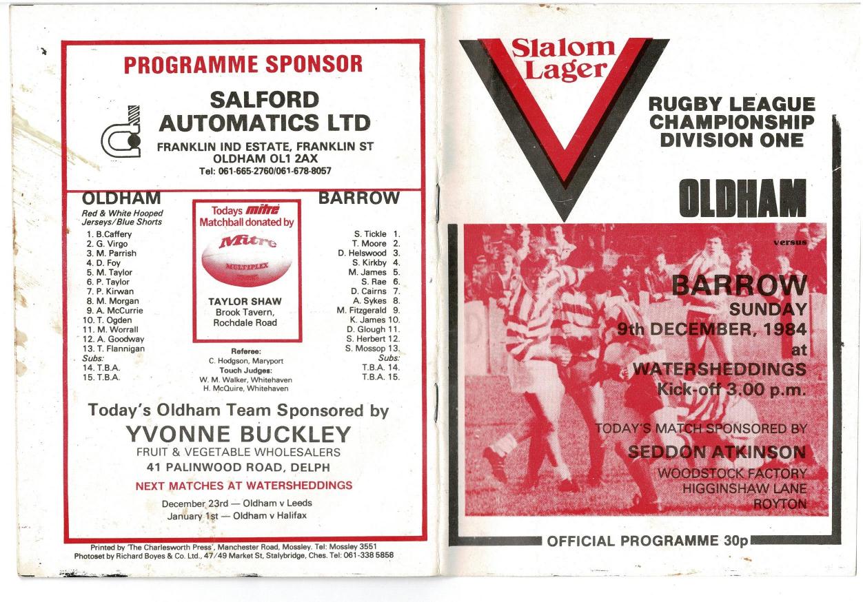 Programme cover: Oldham v Barrow, 9 December 1984