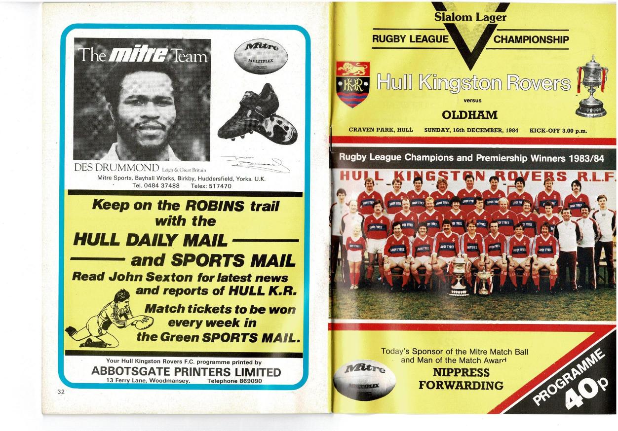 Programme cover: Oldham v Hull Kingston Rovers, 16 December 1984