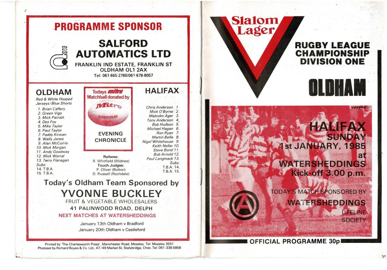 Programme cover: Oldham v Halifax, 1 January 1985