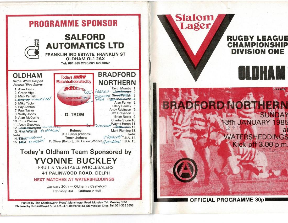 Programme cover: Oldham v Bradford Northern, 29 January 1985
