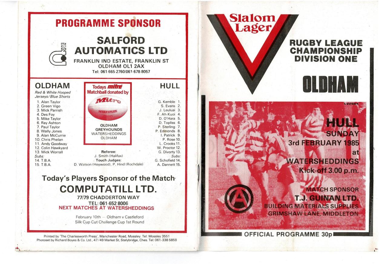 Programme cover: Oldham v Hull FC, 3 February 1985