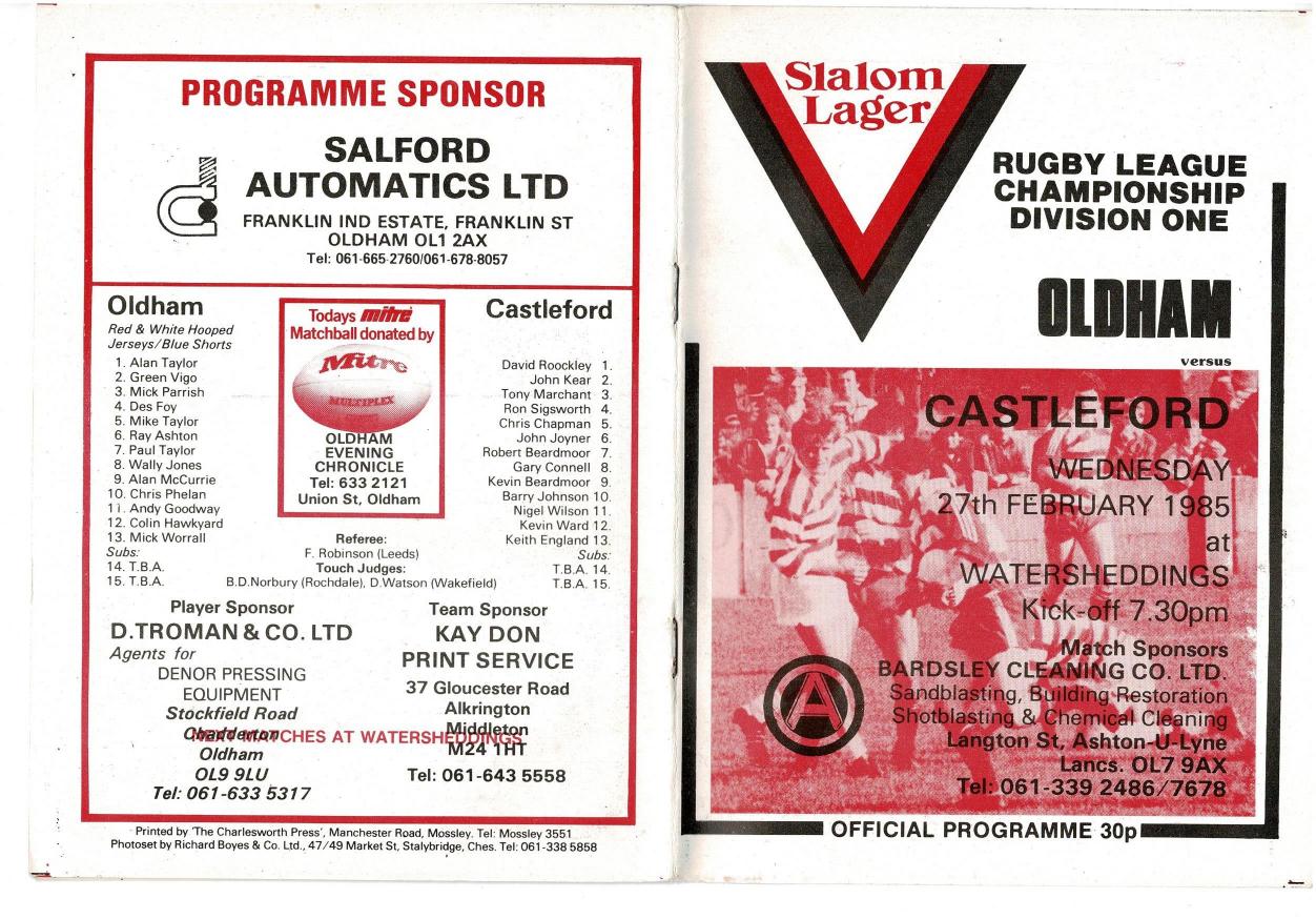 Programme cover: Oldham v Castleford, 27 February 1985