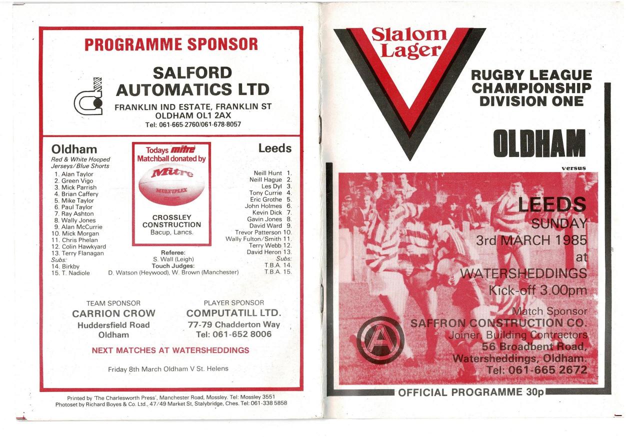 Programme cover: Oldham v Leeds, 3 March 1985