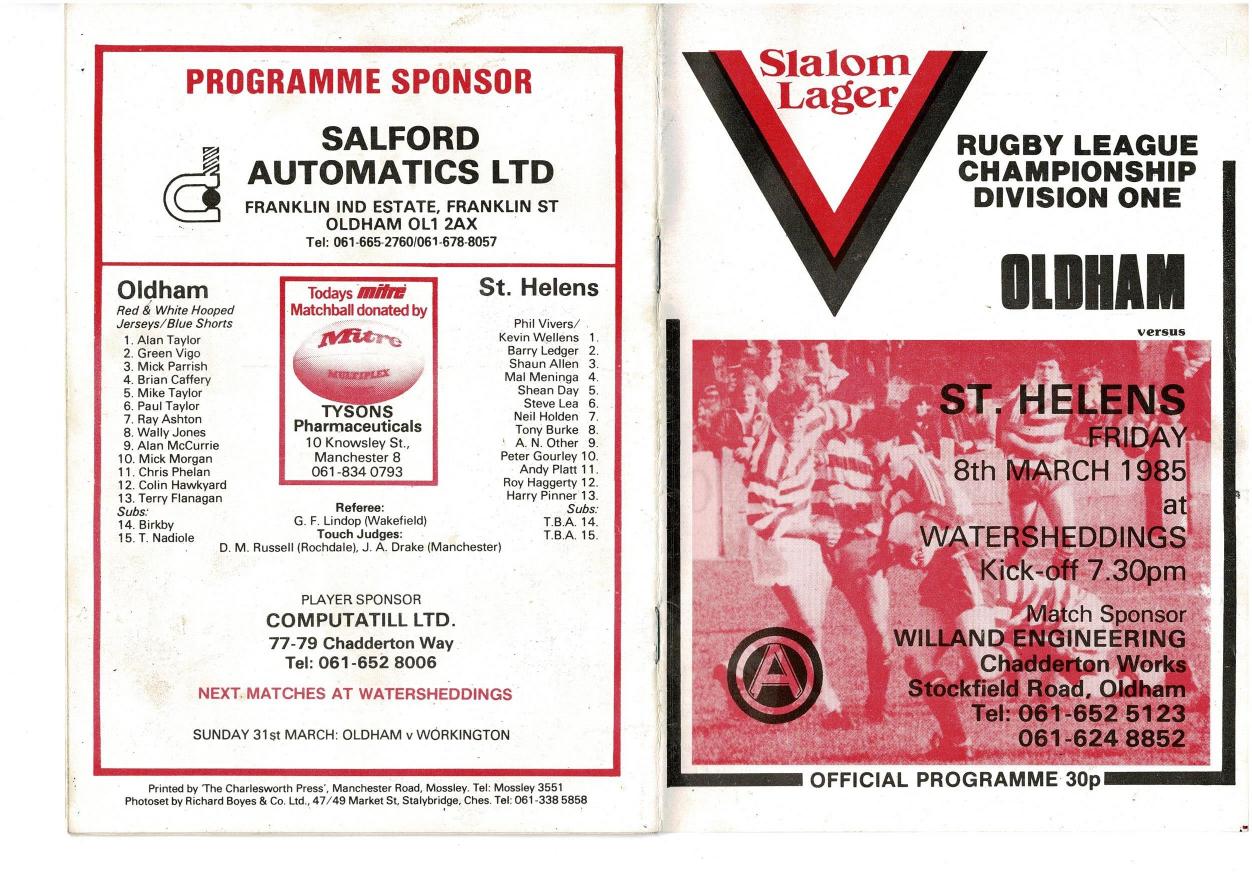 Programme cover: Oldham v St Helens, 8 March 1985