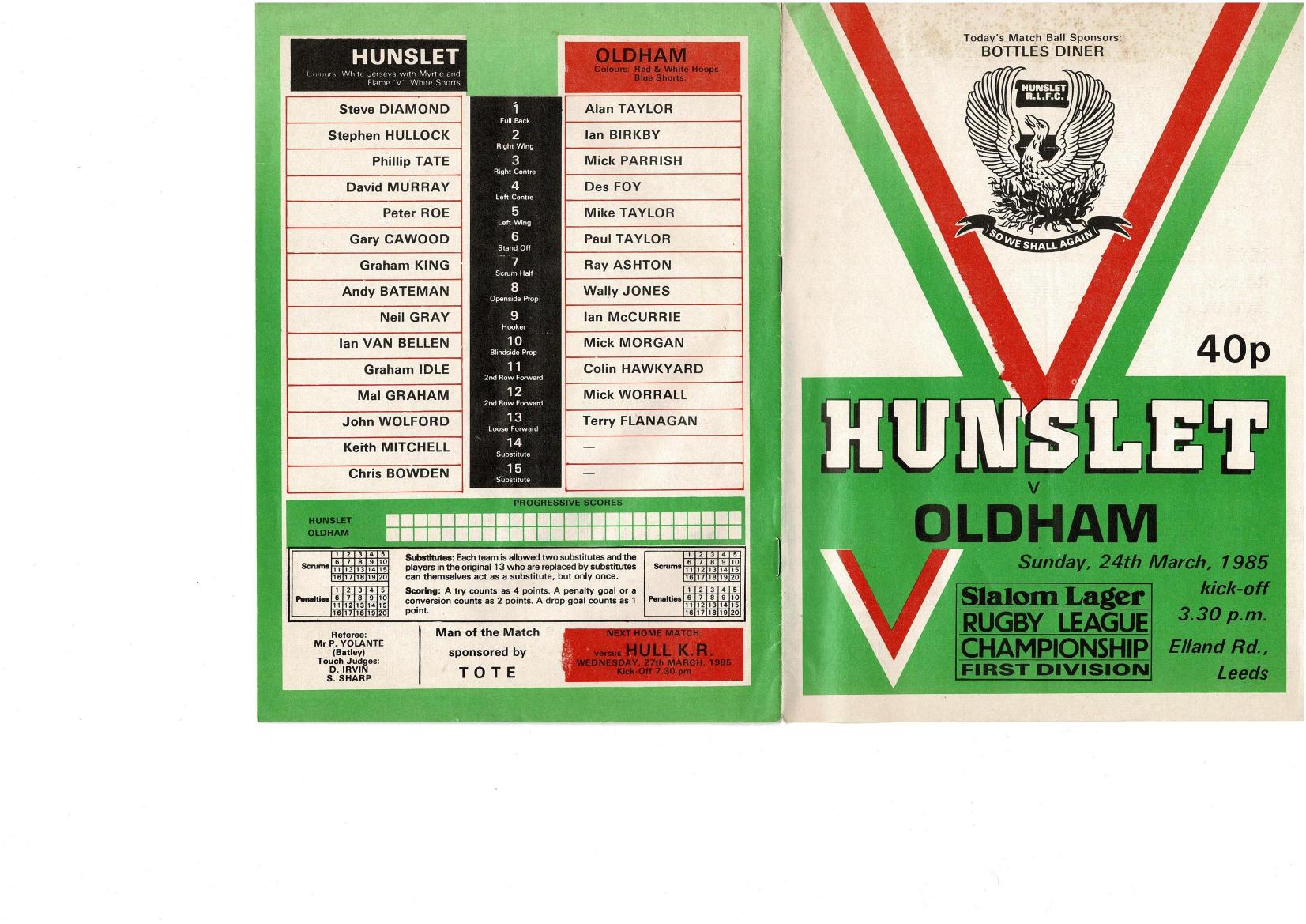 Programme cover: Oldham v Hunslet, 24 March 1985