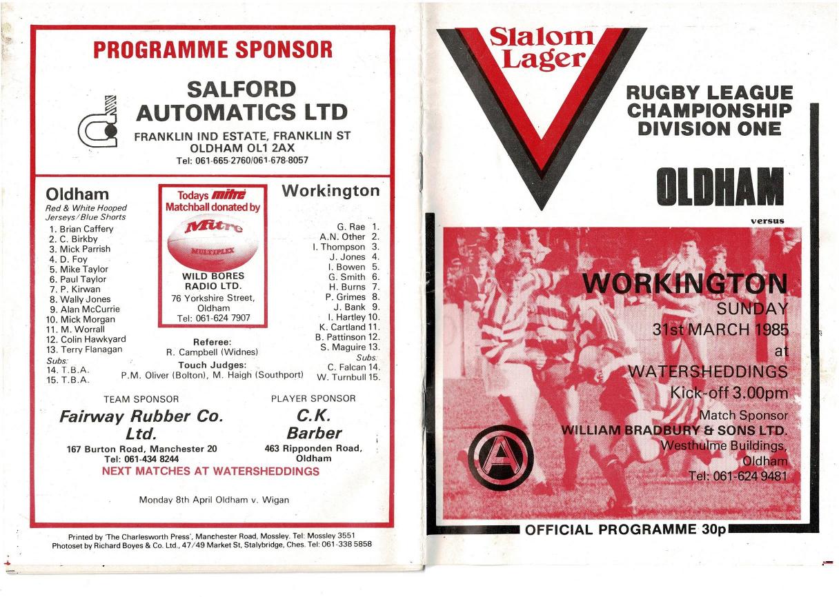 Programme cover: Oldham v Workington Town, 31 March 1985