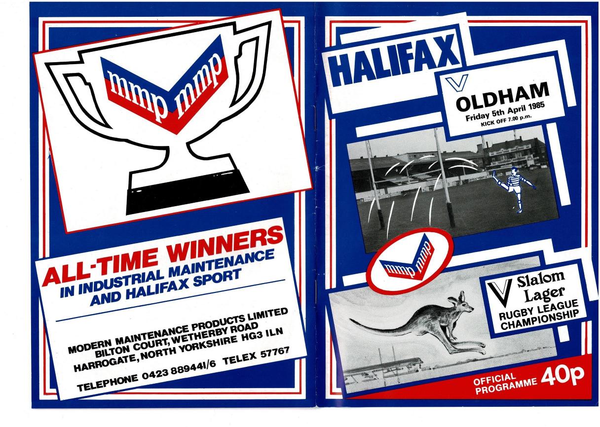 Programme cover: Oldham v Halifax, 5 April 1985