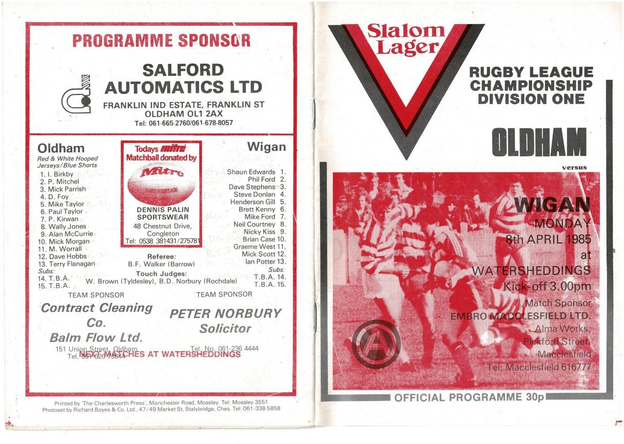 Programme cover: Oldham v Wigan, 8 April 1985