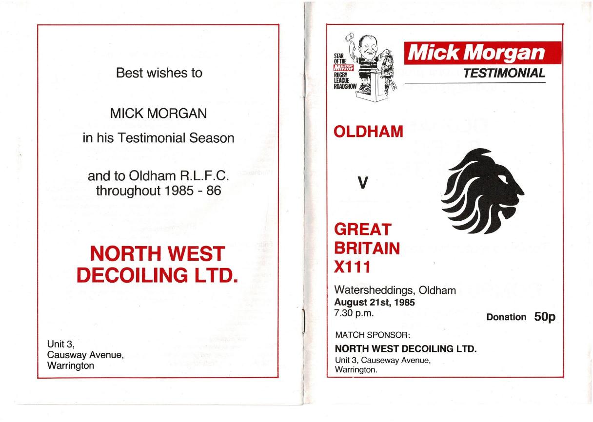 Programme cover: Oldham v Great Britain, 21 August 1985