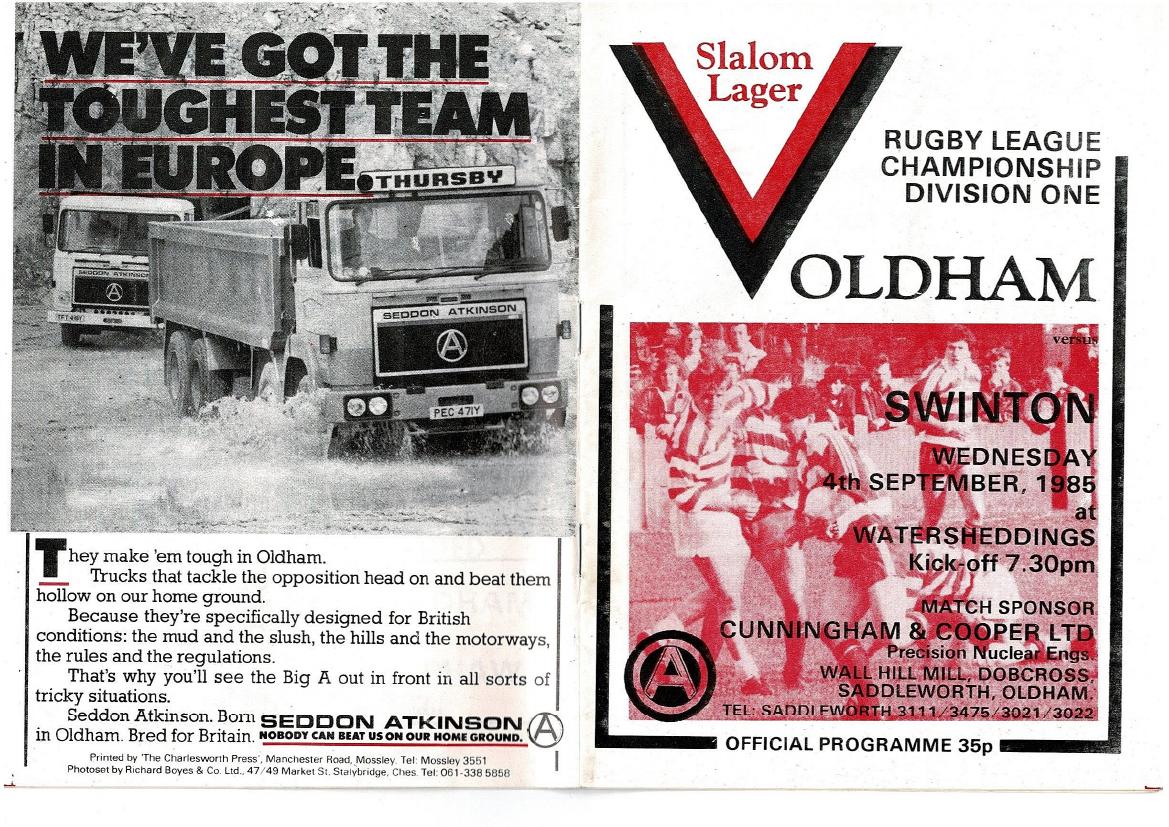 Programme cover: Oldham v Swinton, 4 September 1985