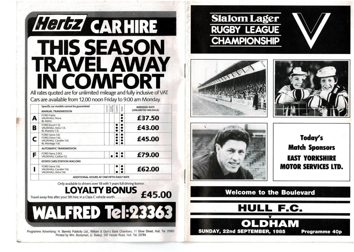 Programme cover: Oldham v Hull FC, 22 September 1985