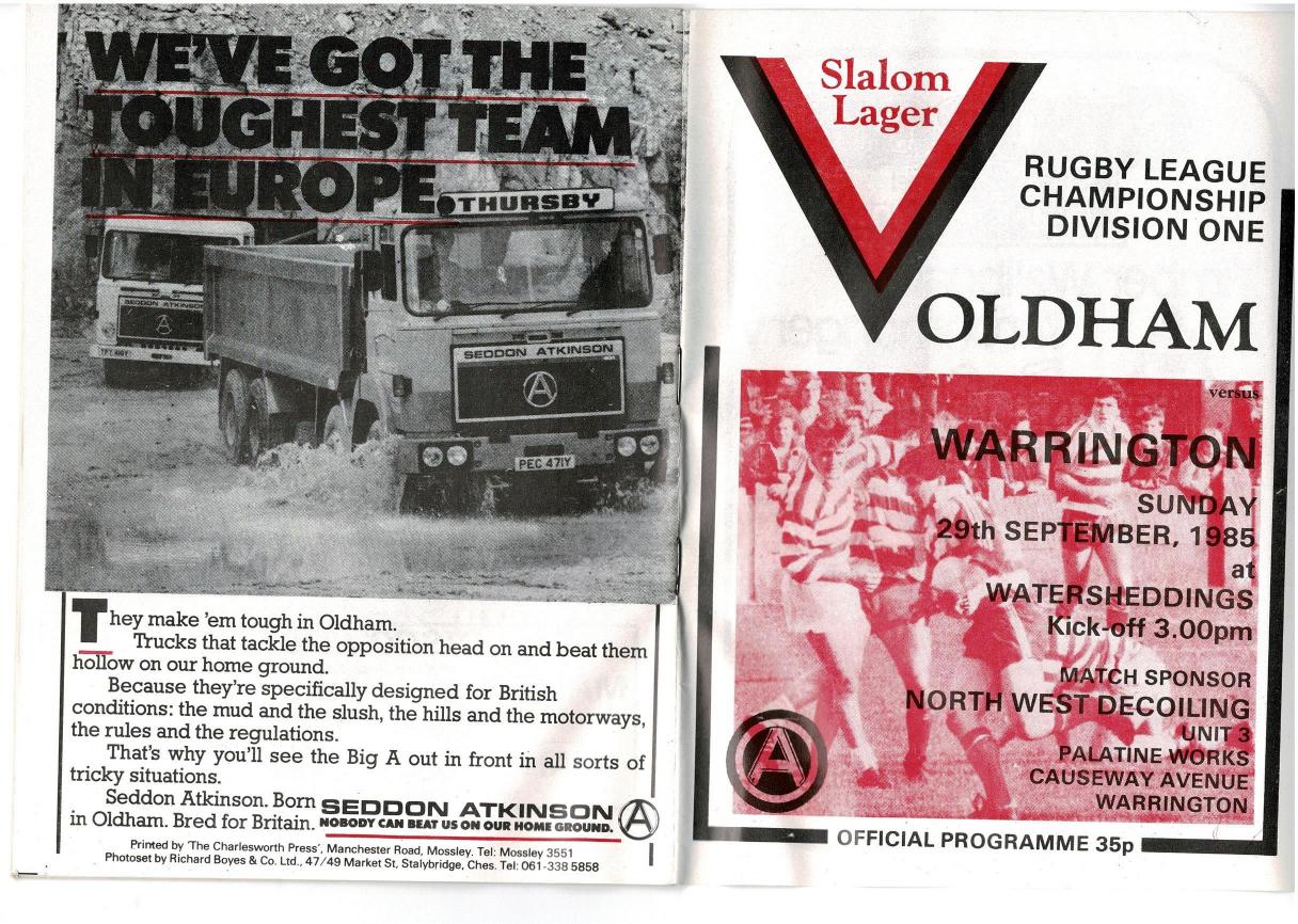 Programme cover: Oldham v Warrington, 29 September 1985