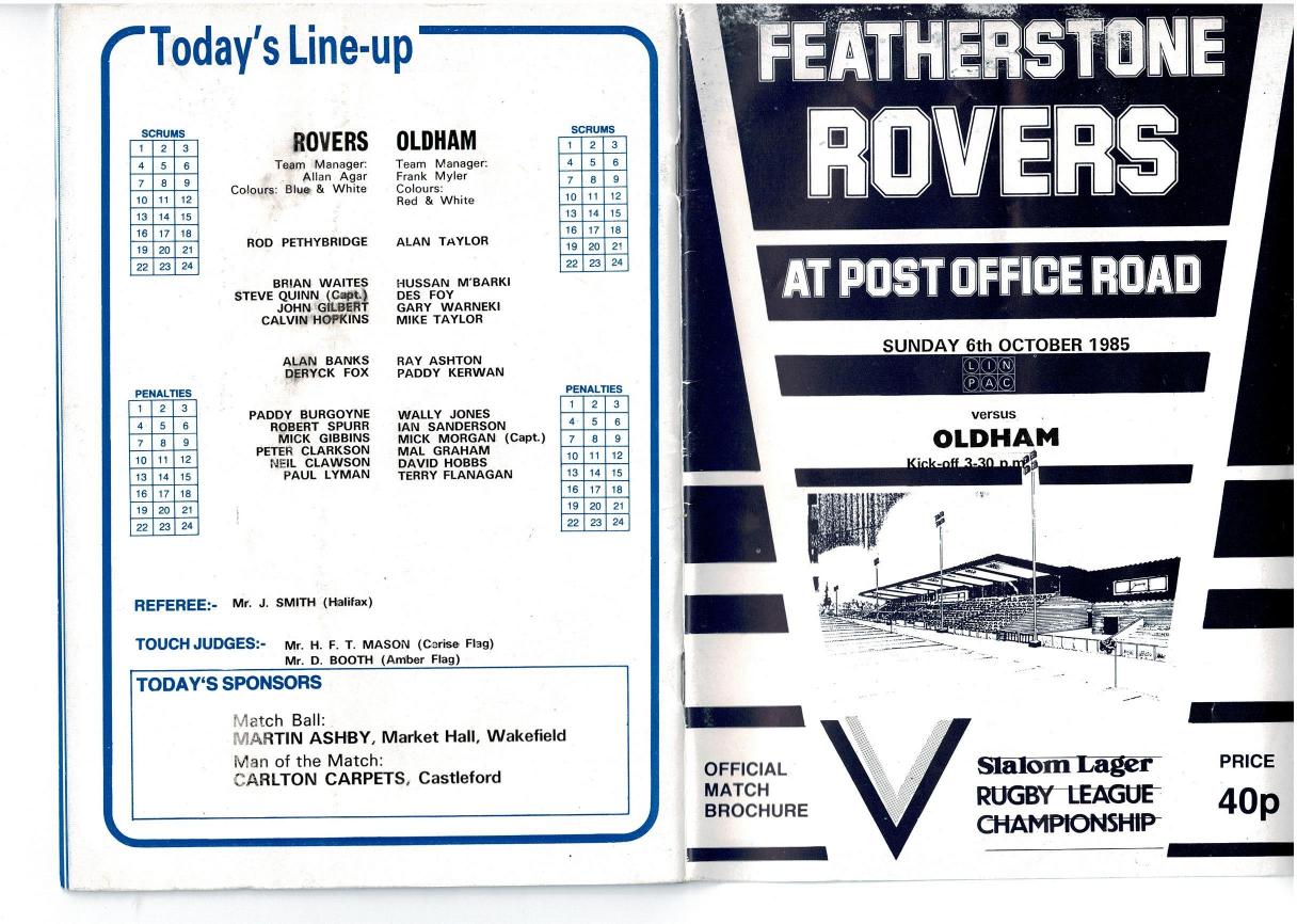 Programme cover: Oldham v Featherstone Rovers, 6 October 1985