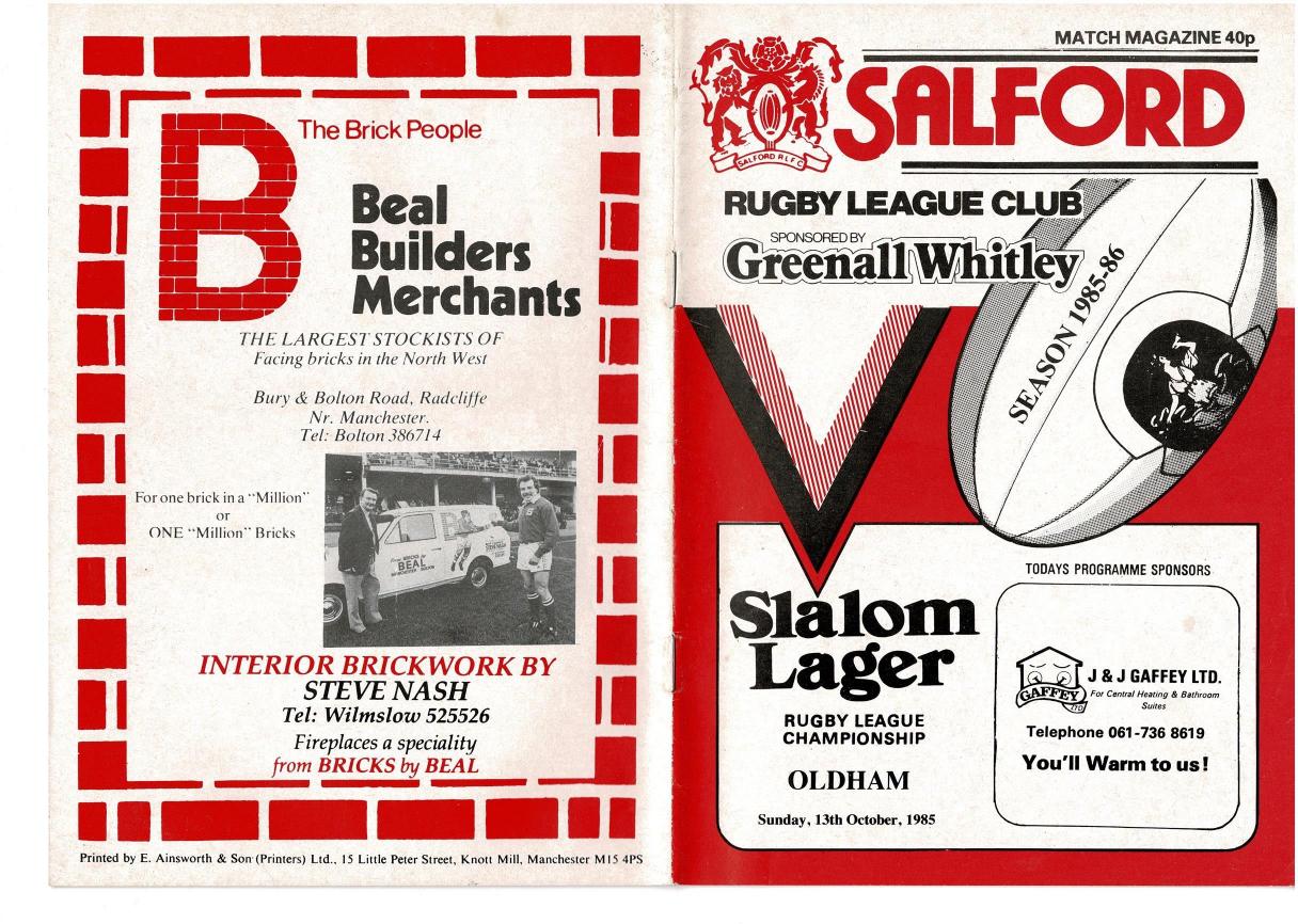 Programme cover: Oldham v Salford, 13 October 1985