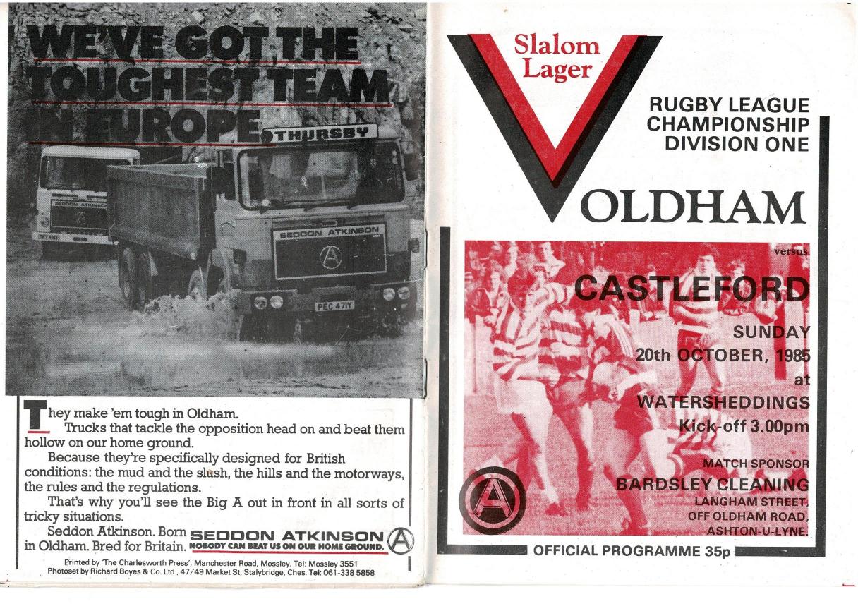 Programme cover: Oldham v Castleford, 20 October 1985