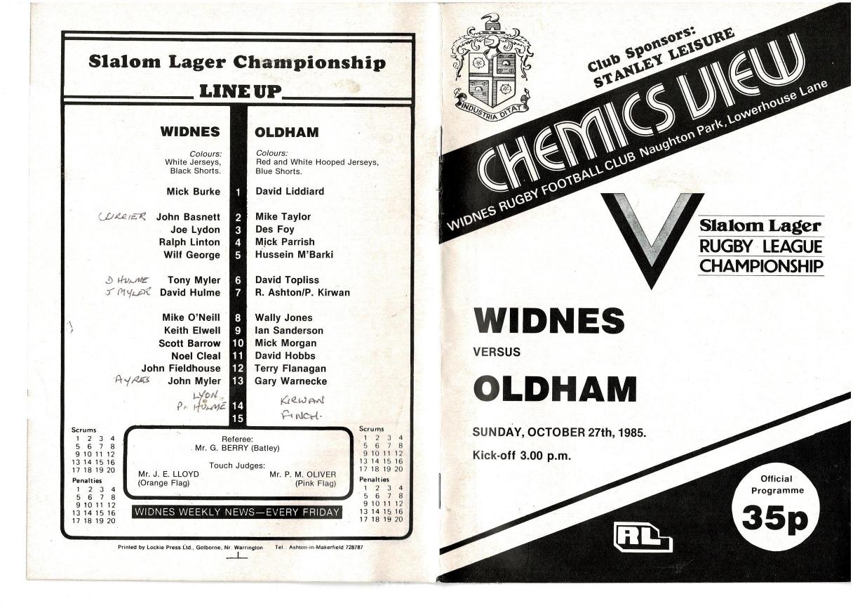 Programme cover: Oldham v Widnes, 27 October 1985