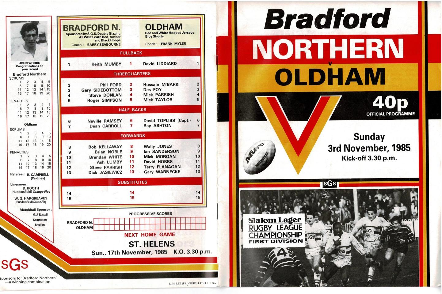Programme cover: Oldham v Bradford Northern, 3 November 1985