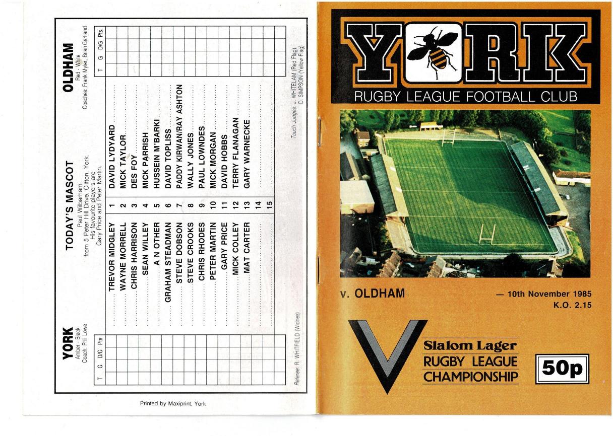 Programme cover: Oldham v York, 10 November 1985