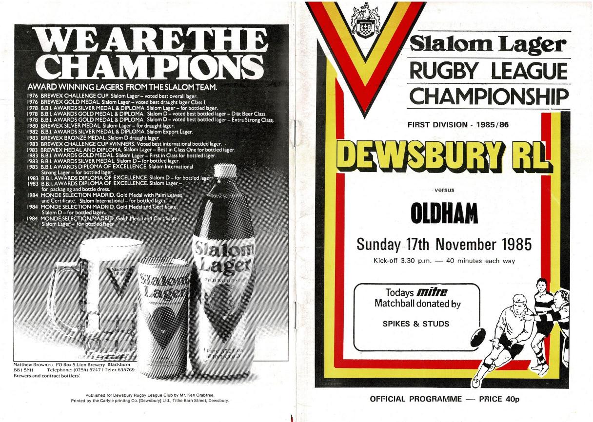 Programme cover: Oldham v Dewsbury, 17 November 1985
